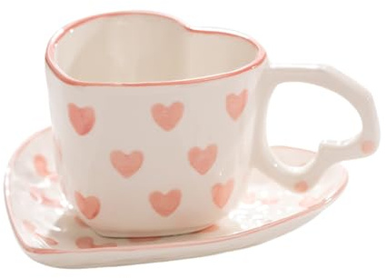 WAIT FLY Set di tazze da caffè in ceramica a forma di cuore con piattino, tazza da tè, tazza da colazione, piatto da dessert, colore rosa, 226,8 g
