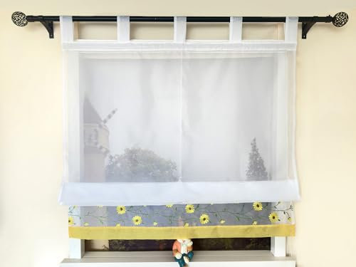 Devola Raffrollo mit Schlaufen Raffgardine Stickerei Schlaufenrollo Transparent Gardinen Kurz Landhaus Küchengardinen Vorhänge HxB 140x45cm Gelb 1 Stück