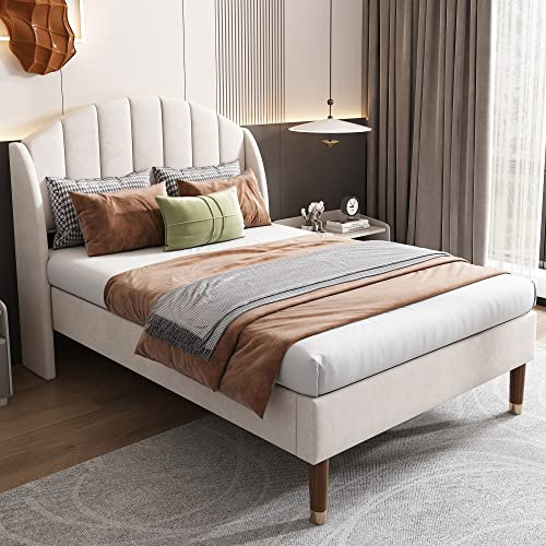 Kayan Polsterbett 90 x 200cm, Bettgestell mit Lattenrost und Kopfteil, Lattenrost aus Holz, Jugendbett, für Erwachsene & Jugendliche, Einfache Montage, Samt (Beige, 90 x 200cm)