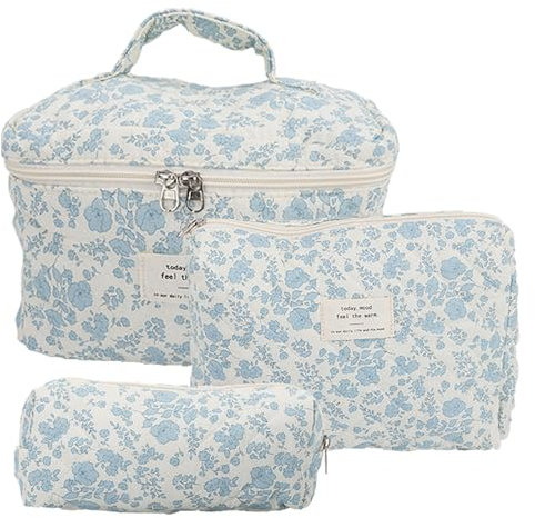 GAESHOW 3 Stück Kosmetiktasche Damen Reise, Gesteppte Kulturtasche mit Blumenmuster, Schminktasche Kulturbeutel Set, Baumwolle Make Up Tasche, Tragbare Waschtasche(Blau)