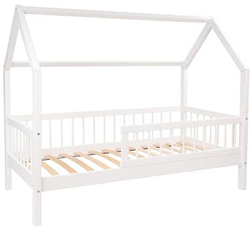 Alije Kinderbett Bett mit Rausfallschutz 80x180 Weiß Lena Lattenrost Bettgestell aus Kiefer Holz für Haus Kinder Jungen & Mädchen - Holzbett Baby Kinderzimmer Junge Deko