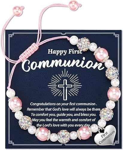YUEXNKO Kreuz Rosenkranz Armband, Kreuz-Armband taufgeschenke, Taufe Rosenkranz Armband für Mädchen, inklusive Perlenarmband mit Kreuz Religiöse Glückwunschkarte, Kommunion Geschenke für Mädchen