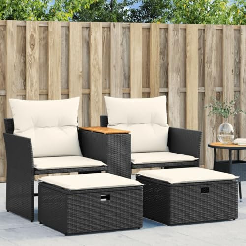 Generisch Gartensofa 2-Sitzer mit Hockern Rattanlounge 2-Sitzer Schwarz Ecklounge Outdoor Rattansofa 2-Sitzer mit Kissen Rattanmöbel Kleine Gartenmöbel 2-Sitzer Lounge Sofa Lounge