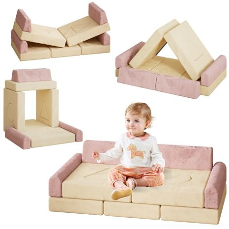 hoopyosms Modulares Spielsofa für Kinder | Kindersofa aus Schaumstoff-Bausteinen | Spielsofa Kinderzimmer | Weiche Bausteine mit Flanellbezug, Beige Rosa