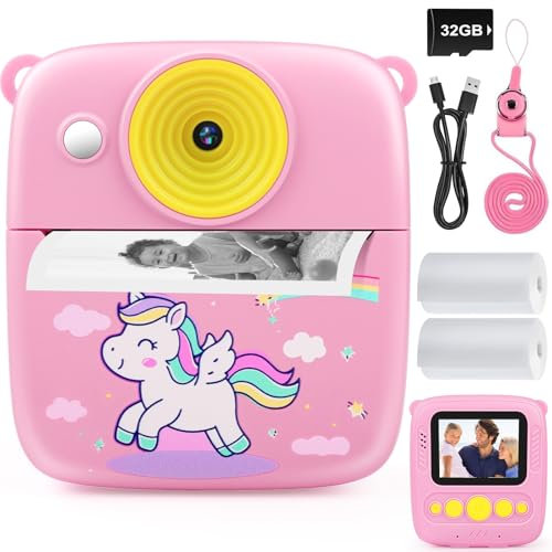 Dhapy sofortbildkamera Kinder, 48MP Kinderkamera Sofortbildkamera mit Druckpapier & 32 G TF Karte, 1080P Digitalkamera Kinder, Geschenke für Jungen und Mädchen 3 4 5 6 7 8 9Jahre Rosa