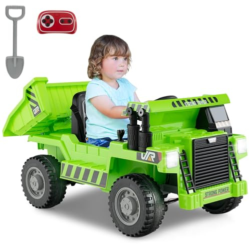 Maxmass 12V Kids Electric Ride on Car, Children Ride on Dumper Truck with Remote Control, Adjustable Dump Bed, Shovel, Music, USB, Boys Girls Electric Construction Vehicle for 37-96 Months (Green)