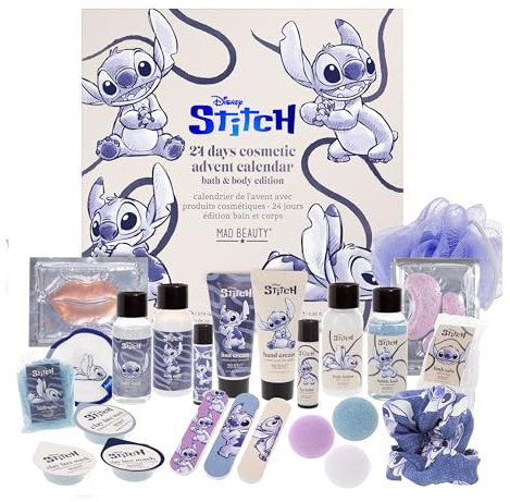 MAD Beauty – Disney STITCH Adventskalender mit 24 Make up & Kosmetik Produkten, Wellness Adventskalender für Frauen mit Gesichtsmaske, Bodylotion, Haargummi – Weihnachtskalender Beauty