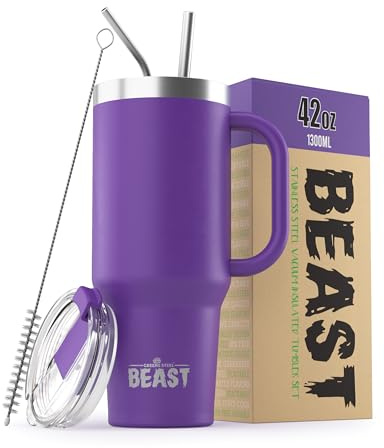 Beast Tumbler with Handle - 1300 ml (42 oz), Deep Purple | Reusable Stainless Steel, Vacuum Insulated Cup | with + 2 Straws & Cleaning Brush | Double Wall Travel Flask Perfect for Hot or Iced Coffee