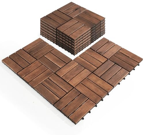 Terrassenfliesen – 30,5 x 30,5 cm, ineinandergreifendes natürliches massives Akazienholz für drinnen und draußen, Terrasse, Garten, Balkon, Pool, Dunkelbraun, 10 Stück