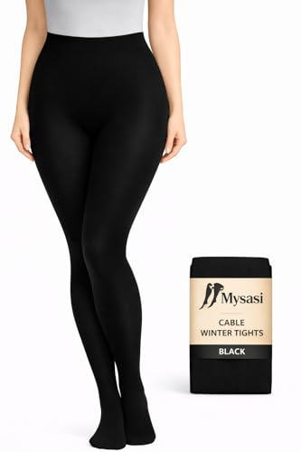 MYSASI Black Cable Patterned Winter Tights for Women – Thick Warm Fashion Opaque Hosiery - Large