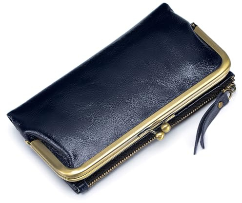 Karoukee Große Bifold Geldbörse für Frauen, Damen Öl-gewachstes Leder Portemonnaie, RFID-Blockierung Kreditkarteninhaber mit Kiss-Lock Tasche und 12 Kartenfächern, Dunkelblau