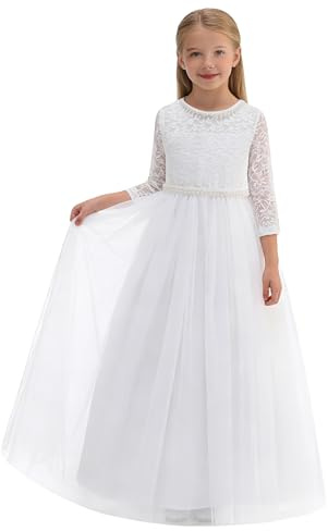 Ullicca Flower Girl Dress Vintage Floral Lace 3/4 Sleeves Wedding Formal Dress Pageant Birthday Party Tulle Pearls Ball Gowns White120