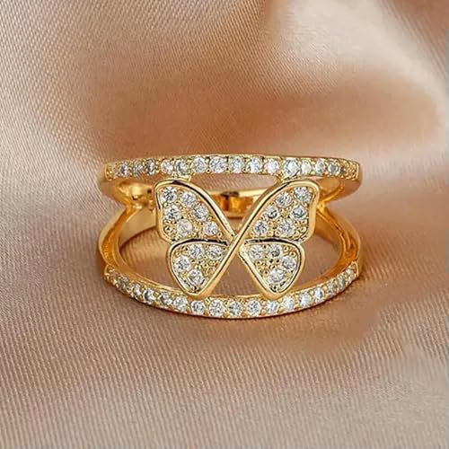 Hübscher Schmetterling, 18 Karat Gelbgold plattierte Ringe mit Zirkonia, Schmuckgrößen 6–10–10, Gold