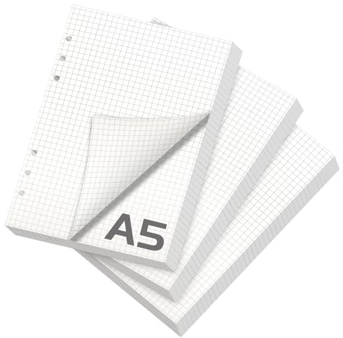 3 Packungen A5 Nachfüllpapier Kariert, Nachfüllbar Notizpapier 180 Blätter 6 Löcher A5 Papier Nachfüllbare Refill Ringbucheinlagen für A5 Notizbuch, Tagbuch, Skizze, Malerei