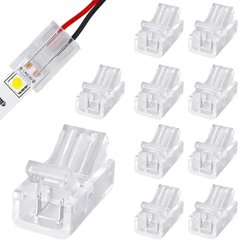 10Pcs 2 Pin 8mm COB LED Strip Light Connectors, Reusable 8mm Wide Unwired Gapless Solderless Connector Connection Strip to Wire Quick Connector Adapter for Waterproof LED Strip Lights [Energy Class A]