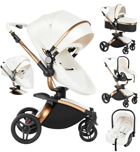 Veitoalioy Cuero PU Carrito Bebe 3 en 1, 360°Giratorio Asiento Cochecito Plegable, Cochecito de Bebé Conveniente y Multifuncional, Plegable Carrito de Paisaje Alto (906 White)
