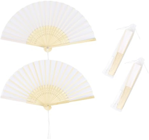 Handfächer Weiß, Fächer Weiß, 2 Stück Klein Handfächer aus Stoff, Faltbare Fächer mit Quaste und Fan-Tasche, Hochzeitsfächer, für Sommer, Hochzeit, Aufführung, Dekoration