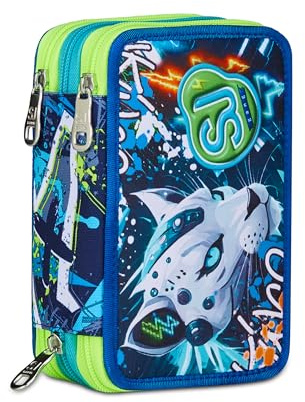 SJ GANG STYLE JAM GANG Astuccio Scuola 3 Zip, Blu, Portapenne Triplo Scomparto Completo Di Penne, Matite, Colori, Accessori Zaino, Scuole Elementari, Bambino