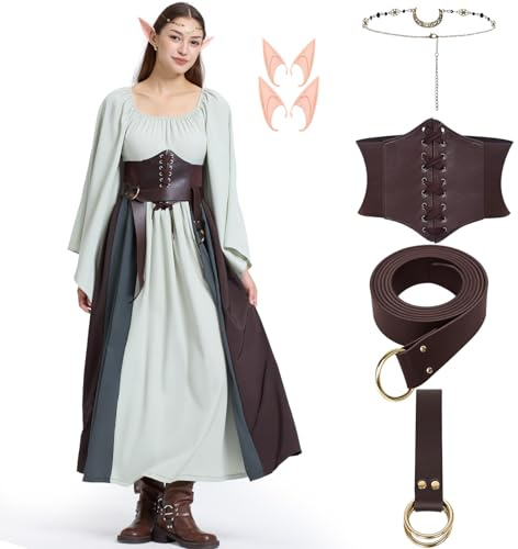 Joellfuner Robe médiévale pour femme - Costume victorien pour femme - Costume médiéval - Avec ceinture - Oreille d'elfe - Bijou de tête pour carnaval et fête - Gris vert - Taille M