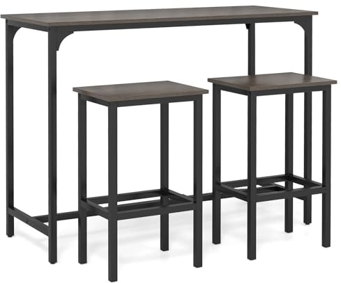 TANGZON Bar Table Set with 2 Stools, 3PCS Breakfast Bar Set with Metal Legs & Footrests, Industrial Counter Dining Table and Stools for Home Kitchen Pub Cafe Restaurant (Gray+Black)
