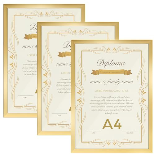 Vasemouh Bilderrahmen A4 (21x29,7cm) 3er-Set, ideal für Zertifikate und Dokumente, Goldene Bilderrahmen für Wand- und Tischaufstellung
