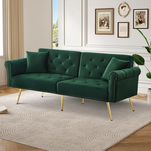ZYLOYAL10 Modernes Schlafsofa – Samtbezug, Rückenlehne mit 3-stufiger Verstellung & vergoldete Metallfüße Stilvolles Sofa mit Schlaffunktion (Grün, 2-Sitzer)