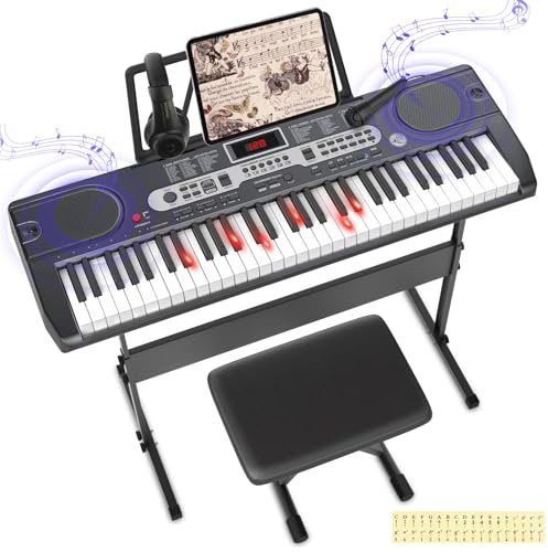 Newfulam Keyboard Piano 61 Tasten für Anfänger, Digital Keyboard Kinder E-Piano Kit mit Notenaufkleber, Klavierbank, Kopfhörer, Mikrofon, Klavierständer, Lehrmodus