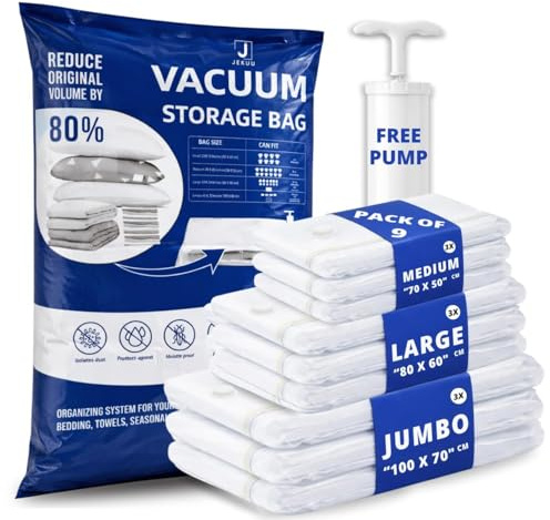 JEKUU Vacuum Storage Bags with Free Hand Pump, 9 Pack Space Saver Vacuum Seal Bags – 3 Jumbo, 3 Large, 3 Medium, Airtight Compression Bags for Clothes, Blankets, Pillows, Comforters, Duvets & Travel
