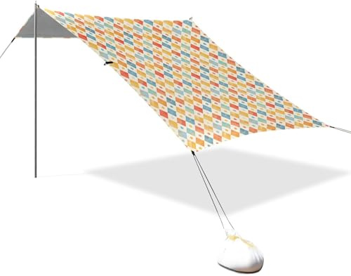 Toldo de playa plegable con cuadros coloridos UPF50, fácil instalación, parasol portátil con postes resistentes, sacos de arena y pala para camping, picnic, patio trasero