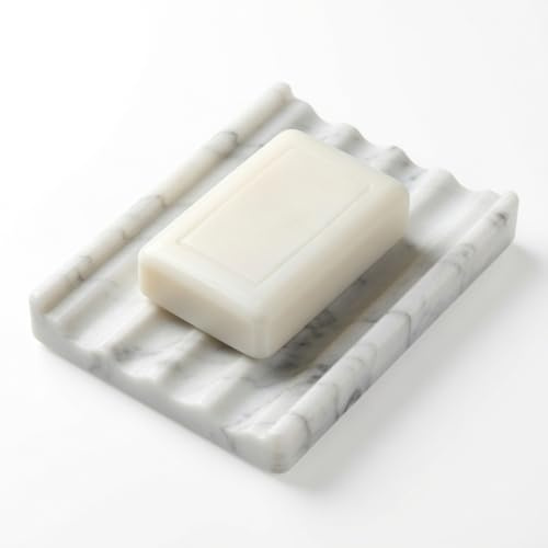 Natürlicher Marmor Seifenschale mit Ablauf, Seifenhalter Dusche, Seifenablage Waschbecken, Seifenschalen Badewanne, Soap Dish für Badezimmer, Küche & Zähler, Kreativem Wellenmuster, Hellgrau