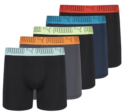 PUMA Men's 5-Pack Performance Boxer Briefs, Black/Grey/Navy/Bright, Medium | Sweat-Wicking, Active Stretch and Tag-Free