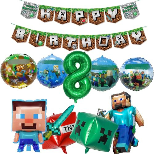 Yoimckay 11 Pièces Décoration D'anniversaire de Ballon Pixel,8 anni ballon en Aluminium, Cartoon Thème Anniversaire Ballons,Cartoon Décorations ballon,Décoration de Fête D'anniversaire pour Enfant(8)