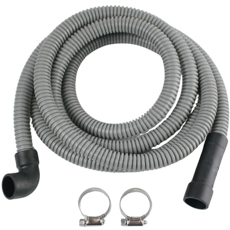 10 FT Dishwasher Drain Hose with 90° Elbow Connector & 2 Stainless Steel Clamps - Universal Replacement Discharge Hose, Fits 5/8, 7/8, 1 Drain Outlets - Heavy-Duty Corrugated Flex Tube