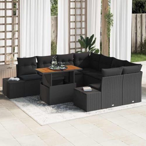 QJBSAVVA Poly Rattan Garten Essgruppe 9 TLG Schwarz Braun 100 x 55 x 73 cm Modernes Design mit Akazienholz Tischplatte Ecksofa mit Stauraum Gartenlounge Outdoor für Garten Terrasse Balkon