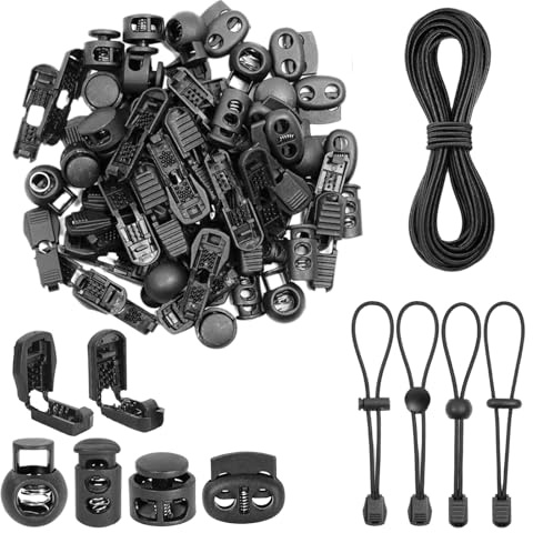 Cordino elastico nero 3 mm 10 metri con 40 clip resistenti e 40 fermacorda in plastica per fai da te campeggio zaini attività sportive e uso esterno