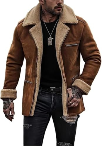 JAKRON Herren-Western-Mantel, Premium-Wildleder, Lammfell-Ledermantel, klassische Vintage-Winter-Oberbekleidung