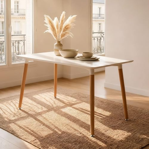 Table à Manger SHANNON, Rectangulaire, L 120 cm, 4 Personnes, Blanc, Table Salle à Manger au Style Scandinave avec Plateau Laqué et Pieds en Hêtre, Idéale pour Cuisine ou Salle à Manger Moderne