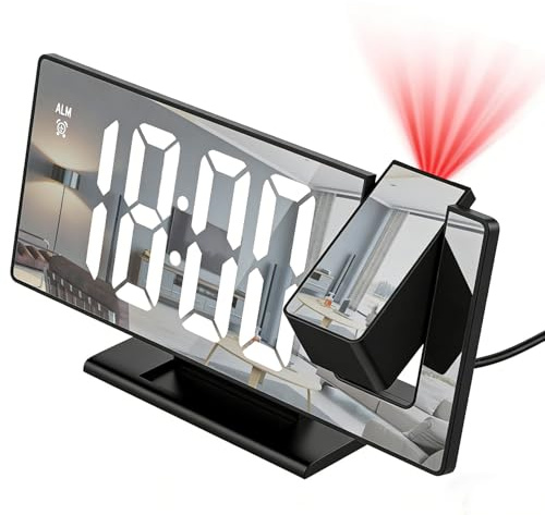 Digital Alarm Clock Projection Alarm Clock Electronic Mirror Clock with LED Screen 12/24H Temperature Snooze Memory Function Brightness Adjustable for Bedroom Home Office(Adapter Not Included)