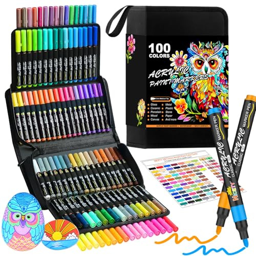 VividHues 100 Pack Acrylic Paint Pens – 3mm Medium Tip Paint Markers for Rock Painting, Stone, Ceramic, Wood, Glass, Fabric – Water-Based Art Supplies for DIY Crafting