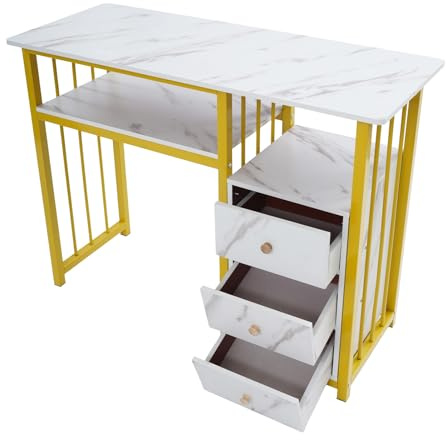 MEHOOSPVN Mesa de manicura con 3 cajones, escritorio de manicura, textura de mármol, mesa de manicura, escritorio de hasta 30 kg, para salas de estar, oficinas, salones de belleza para mesa de salón