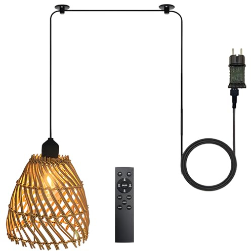 Vartegas Hängelampe mit Stecker, Lampe mit Stecker, Rattan Hängeleuchte, Esstischlampe Hängend, Outdoor Hängelampe für Wohnzimmer Schlafzimmer Garten Terrasse (A)
