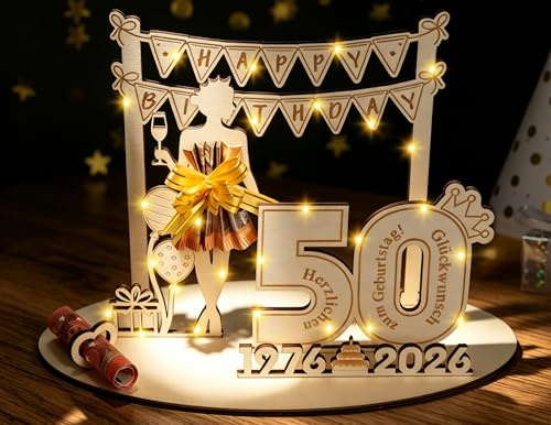 ARTREE Geldgeschenk 50. Geburtstag Frau Deko, Geldgeschenke Geburtstag Frauen 50 Geburtstag Geschenk mit LED Lichterkette, Geldgeschenk Geburtstag Holz Schild Gästebuch, Geschenke Zum 50 Geburtstag