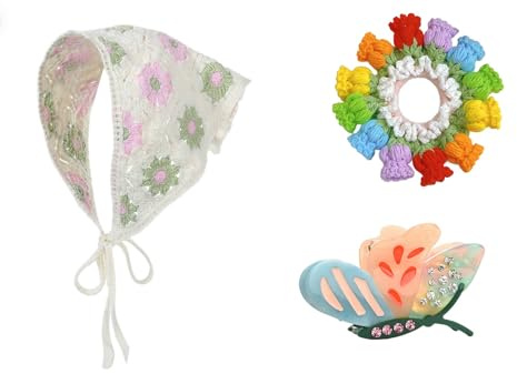 Set 3 accessori per capelli elastico per capelli all'uncinetto foulard triangolare e fermagli a forma di animale