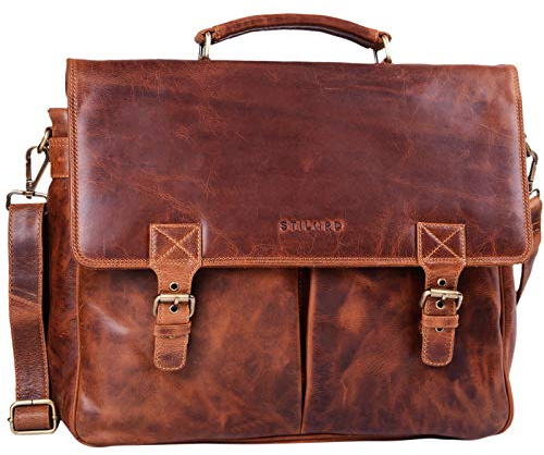 STILORD 'Georg' Aktentasche Leder Vintage Dokumententasche Lehrertasche Business Büro für große Aktenordner 15,6 Zoll Laptopfach echtes Rindsleder, Farbe:kara - cognac