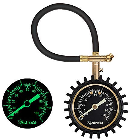 Astroai Reifendruckprüfer, 60 PSI zertifiziert, ANSI B40.1 genau, mit großer 5,1 cm leicht ablesbarer Leuchtanzeige, langlebiger Gummischlauch und massiver Messing-Konstruktion für Auto, LKW, Motorrad