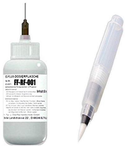 EO-Flux-Dosierflasche FF-RF-001 + EO-Compact-Flux-Pen (3 ml, unbefüllt) (No-Clean Rework-Flussmittel, 4,0% Feststoff), Luer-Lock Flasche, 50 ml Inhalt, Dosiernadel aus Teflon