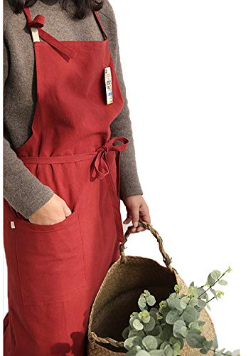 UHEIM Premium Free Size Linen Bib Apron Kitchen Apron with Large Pocket 9 Colors