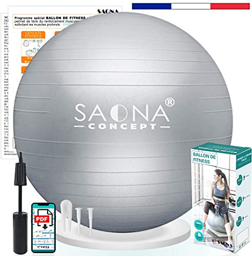 Saona Concept - Balón de Fitness (55, 65 o 75 cm, con Bomba, Pelota de Gimnasio, Pilates, Embarazo, Yoga, Fisioterapia, Gimnasio o Bola Suiza Ideal para Asiento de Oficina, hasta 300 kg (65 cm)