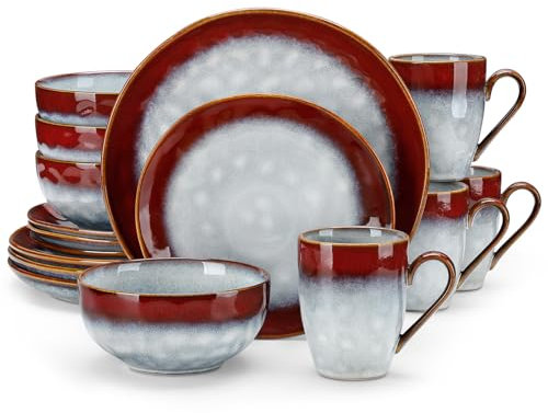 Tafelservice Steingut, vancasso 16 teiliges STARRY Kombiservice Set, Ess Geschirrset im Vintage Aussehen, Beinhaltet Müslischalen, Tassen, Dessertteller und Speiseteller für 4-12 Personen