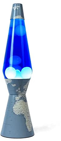 Fisura - Lámpara de lava “Mundo”. Base mapamundi, líquido azul y lava blanca. Lámpara efecto relajante. Con bombilla de repuesto. 11,5 cm x 11,5 cm x 40 cm.